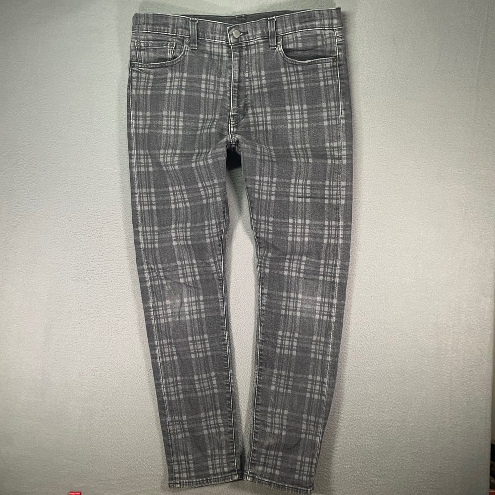 Levis Premium Mens 36x32 Gray Plaid Skinny Stretch Jeans Pants